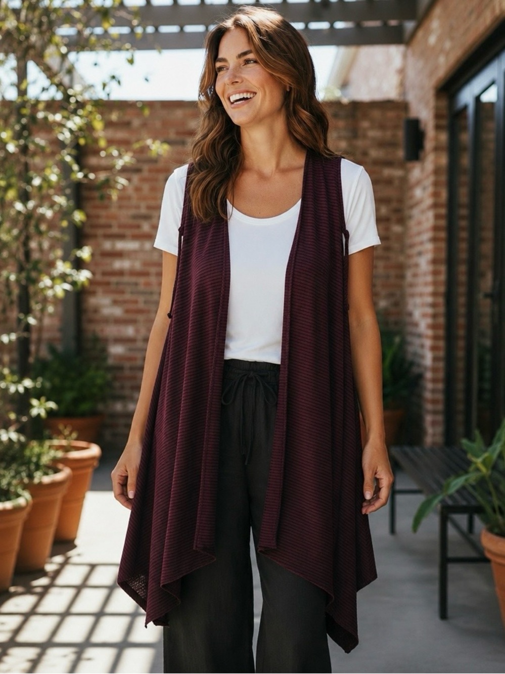 Chalet Burgundy Striped Open Front Longline Vest Waterfall Boho Lagenlook Sz M